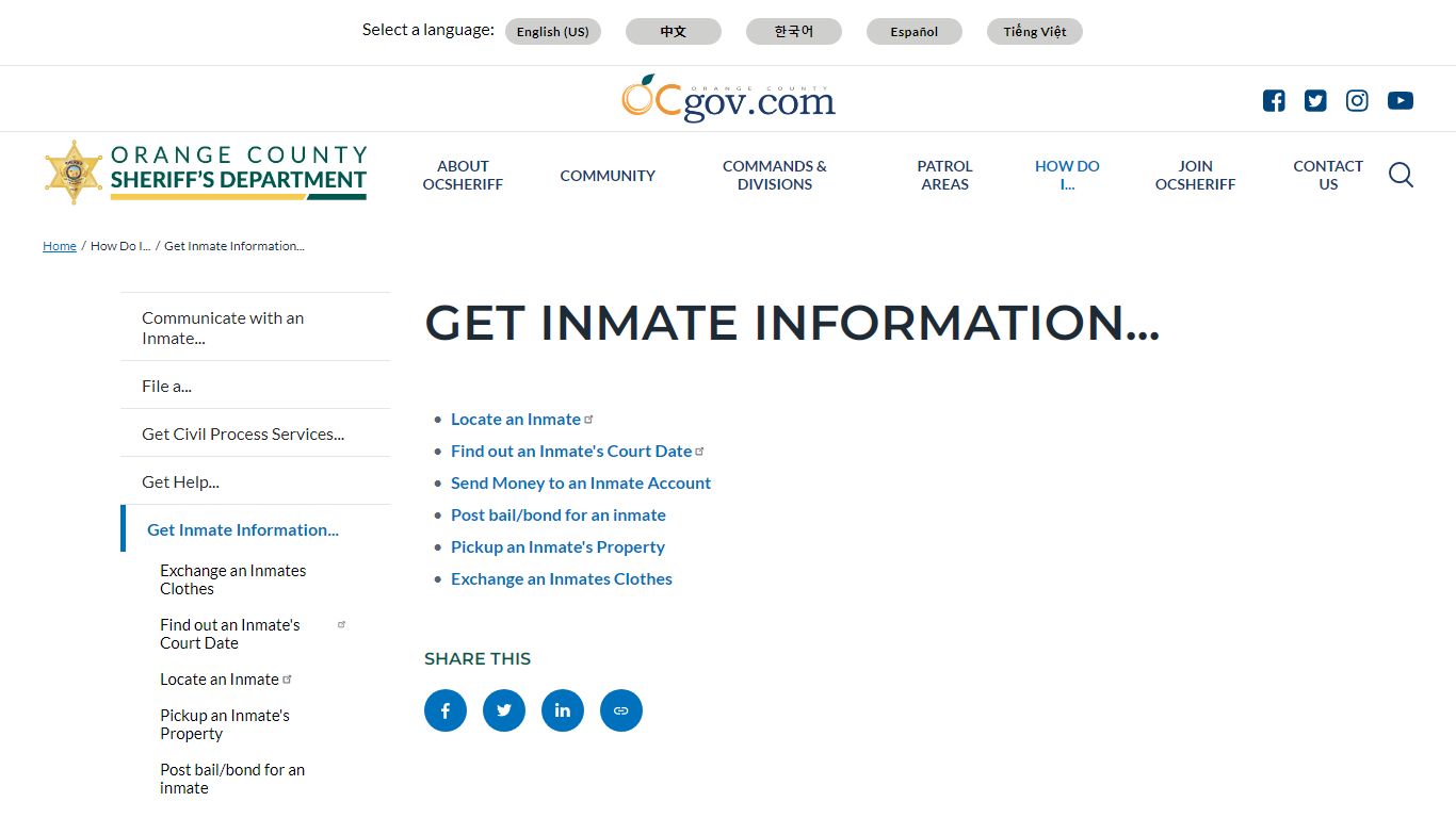 Get Inmate Information... | Orange County California - Sheriff's Department